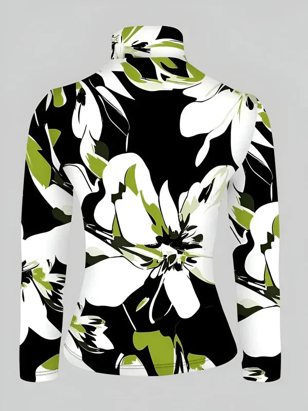 Damen Rollkragen Langarmshirt mit Blumendruck aus Baumwolle-4
