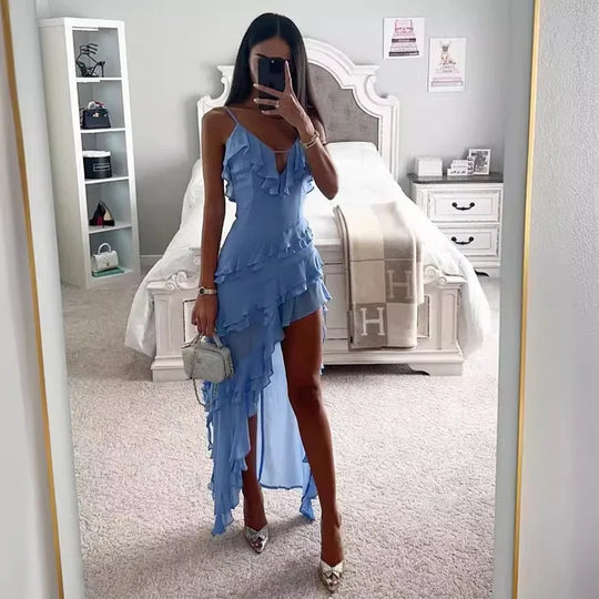 Damen Maxikleid Festlich Fließender Stoff mit Rüschendetails-1