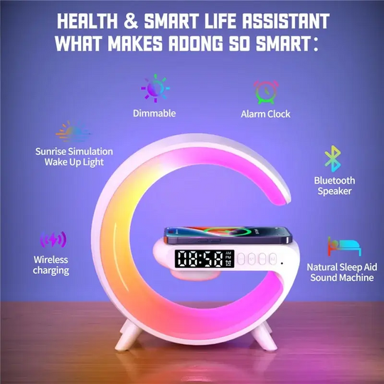 Intelligente Smart Home Lampe mit Bluetooth Lautsprecher, Kabelloses Ladegerät, 16 Millionen Farben, Kunststoff-Metall Design-5