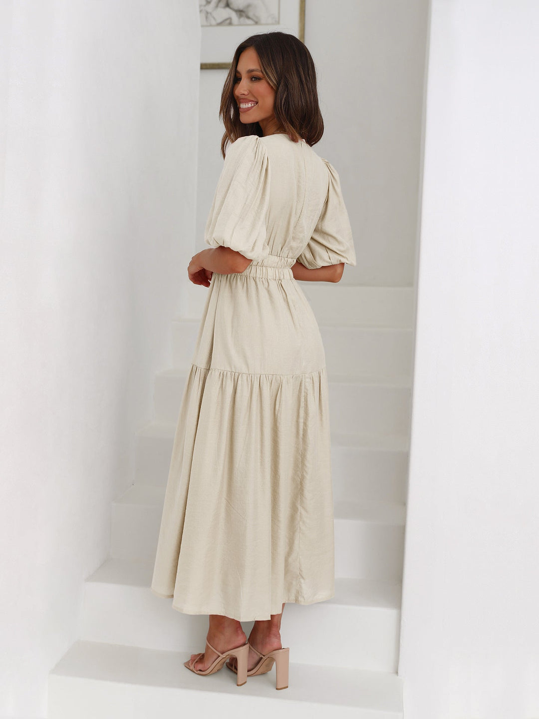 Damen Kleid V-Ausschnitt Puffärmel Hochwertiger Stoff für Abendveranstaltungen-2