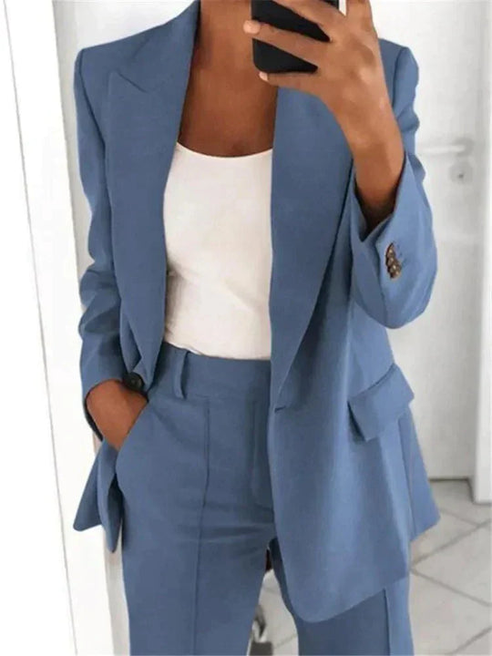 Variant image for Damenanzug Blazer Set Schwarz Elegant Weite Hosen Polyester-9