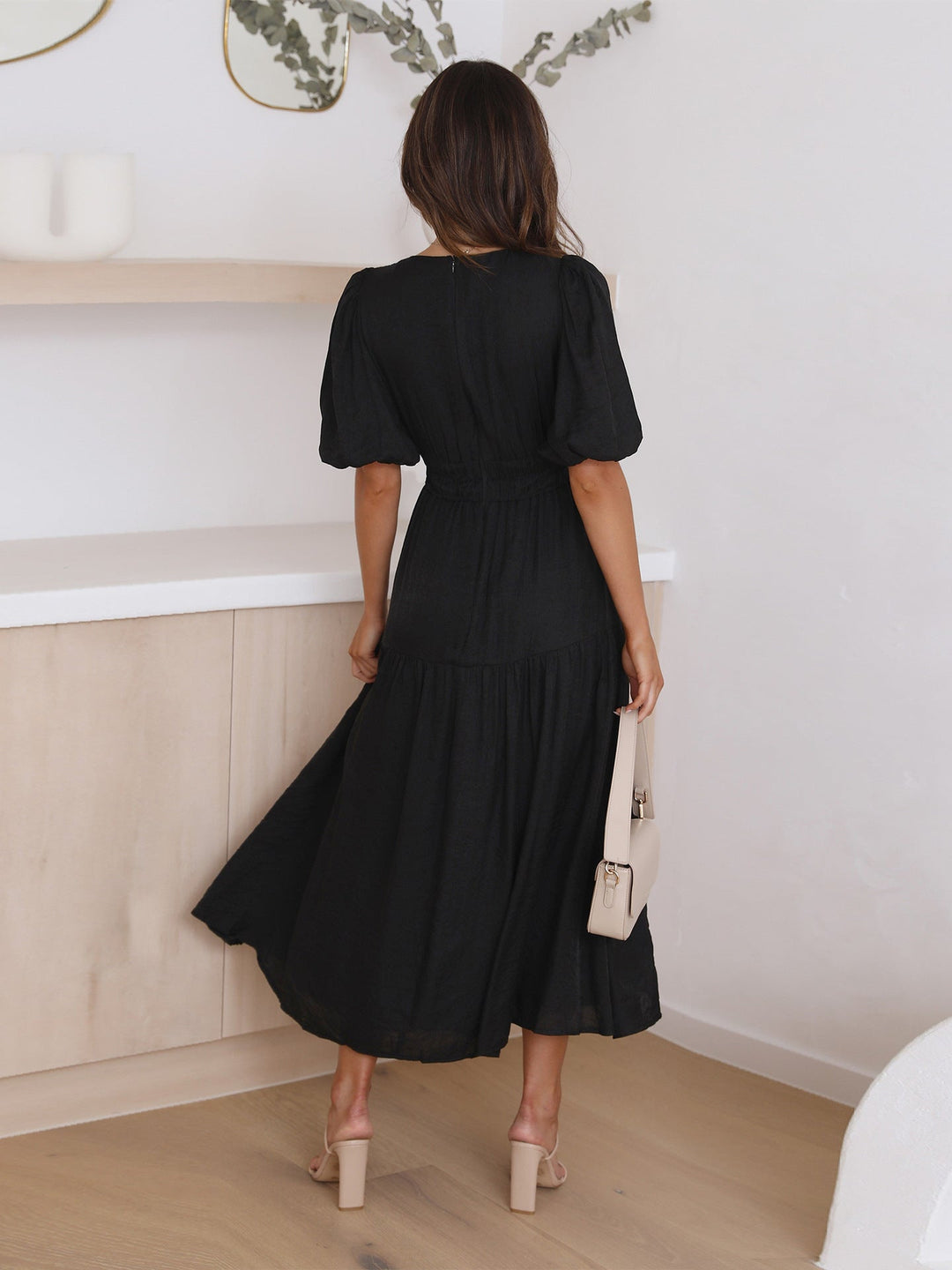 Damen Kleid V-Ausschnitt Puffärmel Hochwertiger Stoff für Abendveranstaltungen-4