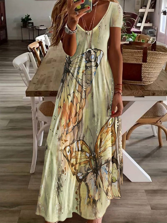 Variant image for Damen Kleid V-Ausschnitt Schmetterlingsdruck Leicht Polyester für Sommerveranstaltungen-9