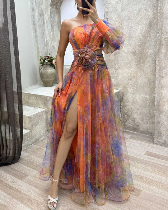 Damen Abendkleid Ein Schulter Plissiert Blumendruck Polyester 6
