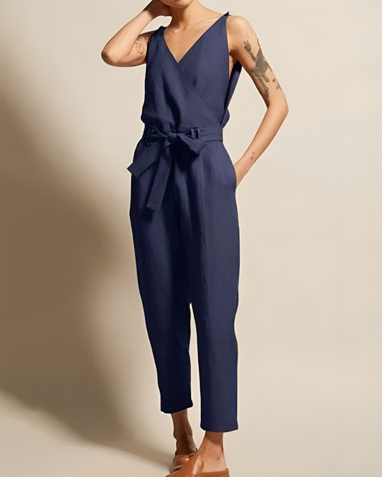 Damen Jumpsuit Elegant Luftig Leinen mit Verstellbarem Gürtel für Sommer-1