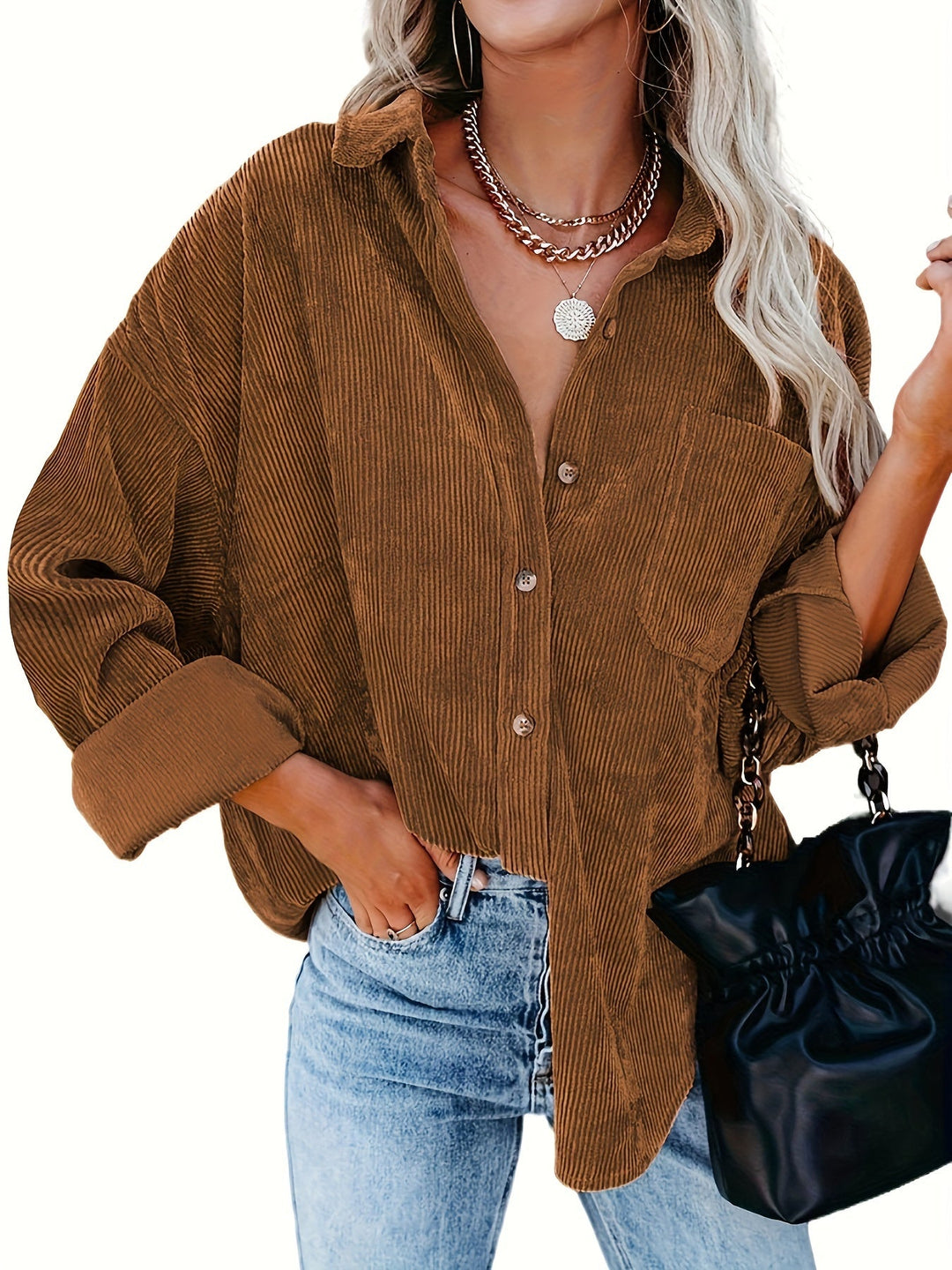 Variant image for Damen Cordhemd Beige Oversized Komfortabel Baumwolle-17