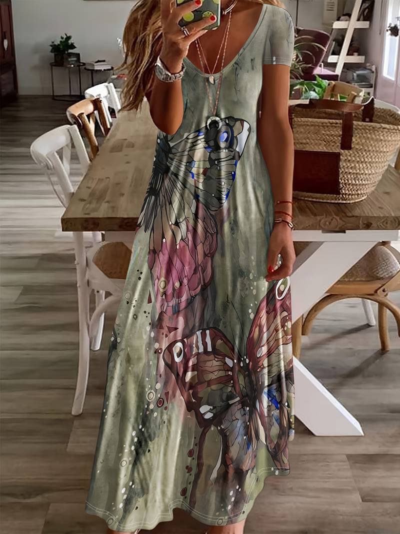 Variant image for Damen Kleid V-Ausschnitt Schmetterlingsdruck Leicht Polyester für Sommerveranstaltungen-1