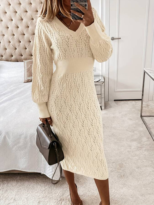 Damen Midi Kleid V-Ausschnitt Langarm Baumwollmischung-3