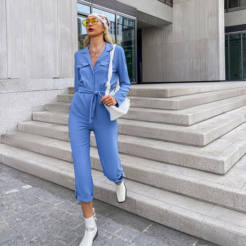 Damen Jumpsuit Elegant Festlich Polyester mit Klassischem Revers und Langem Arm-3