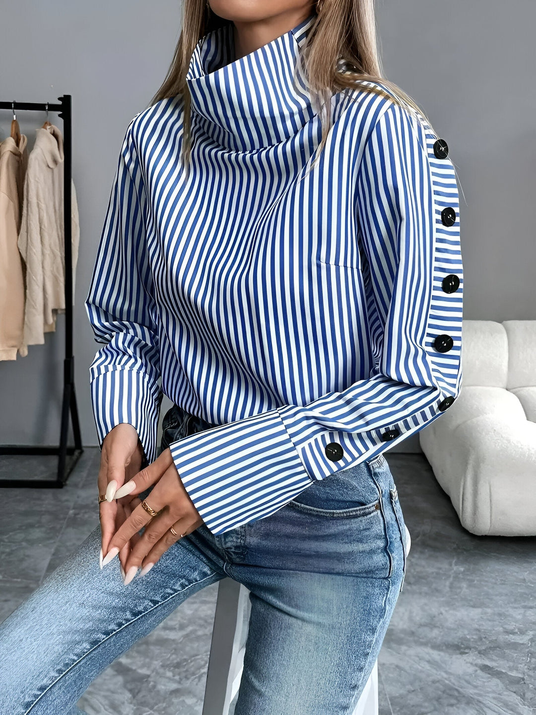 Damen Langarmshirt Hoher Kragen Streifen Baumwolle Modernes Design-3