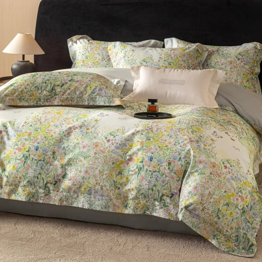 Bettwäsche-Set Damen Baumwollsatin Aquarellblumen Wendedecke 11