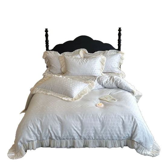 Bettwäsche-Set Damen Baumwollsatin Jacquard Blumenmuster Plissierte Rüsche 5