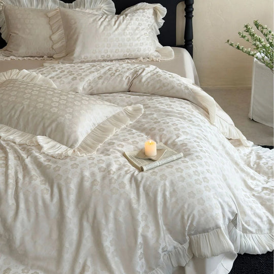 Bettwäsche-Set Damen Baumwollsatin Jacquard Blumenmuster Plissierte Rüsche 7
