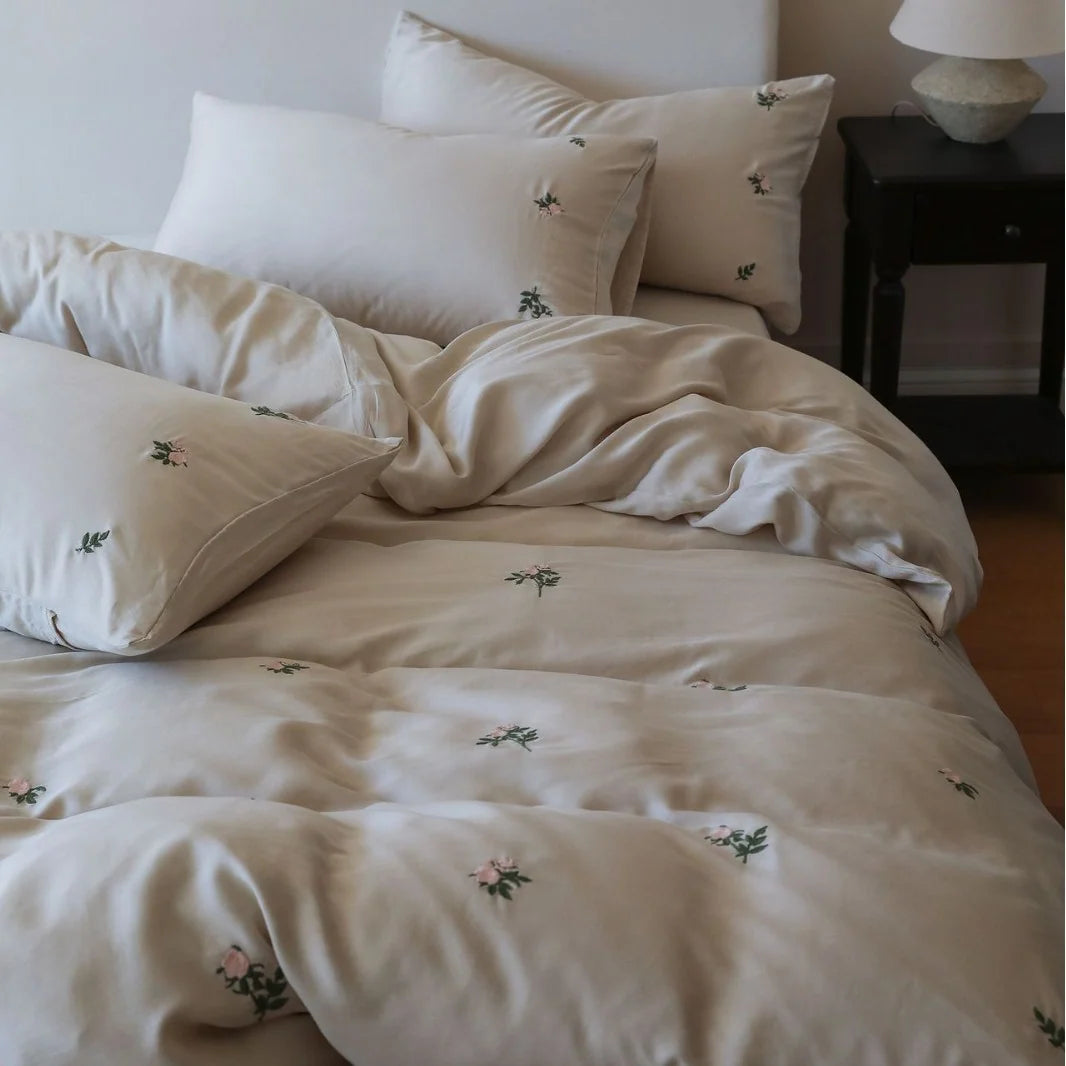 Bettwäsche-Set Damen Baumwollsatin mit Aquarellblumenstickerei 7