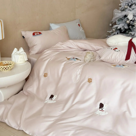 Bettwäsche-Set Damen Baumwollsatin mit Welpenstickerei und Dekokissen 2