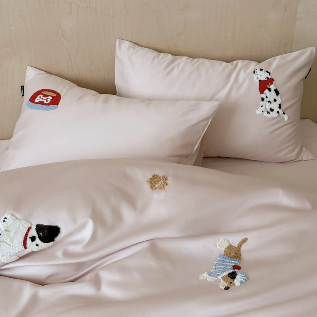 Bettwäsche-Set Damen Baumwollsatin mit Welpenstickerei und Dekokissen 3