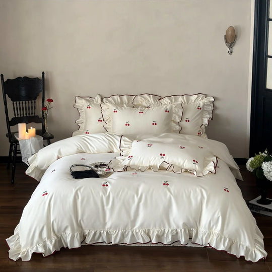 Bettwäsche Set 180x200 Romantisches Design mit Rüschen und Kirschstickerei 0