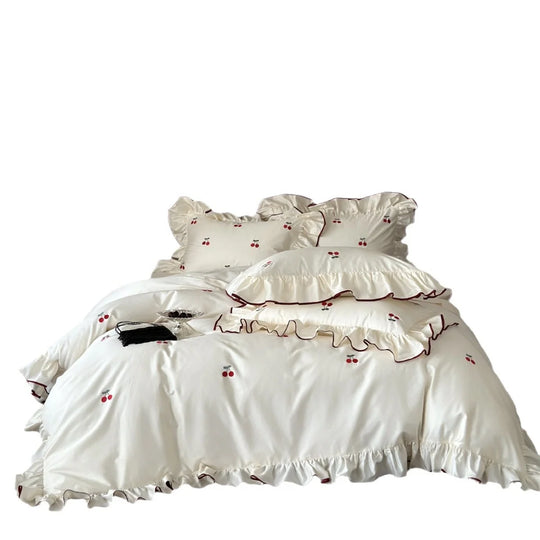 Bettwäsche Set 180x200 Romantisches Design mit Rüschen und Kirschstickerei 5