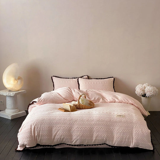Bettwäsche Set Jacquard 240x220 mit Pompon-Borte für Damen und Herren 3