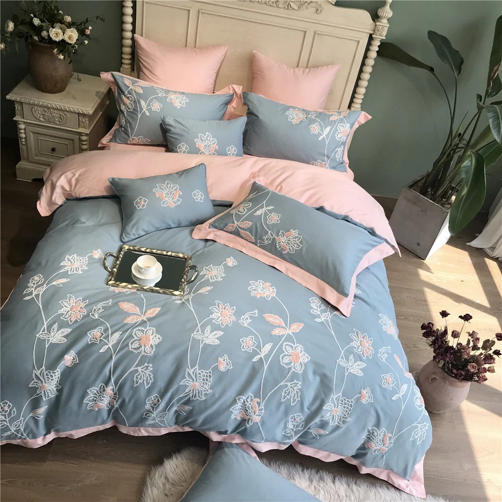 Bettwäscheset Baumwollsatin mit besticktem Pflanzenmotiv und Wendefunktion 2