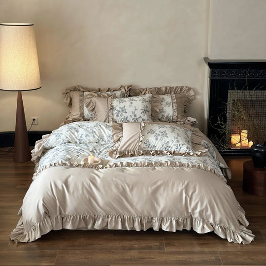 Bettwäscheset Damen Vintage Blumenmuster mit Rüschen 0