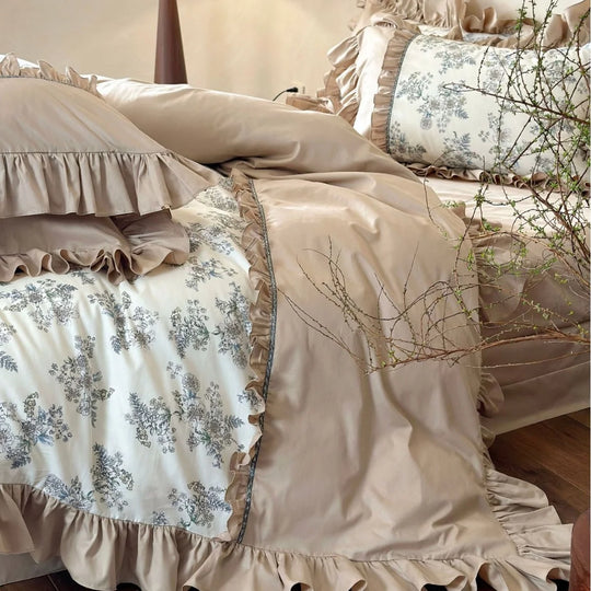 Bettwäscheset Damen Vintage Blumenmuster mit Rüschen 1