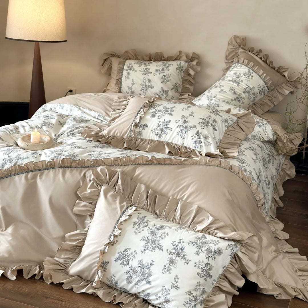 Bettwäscheset Damen Vintage Blumenmuster mit Rüschen 2