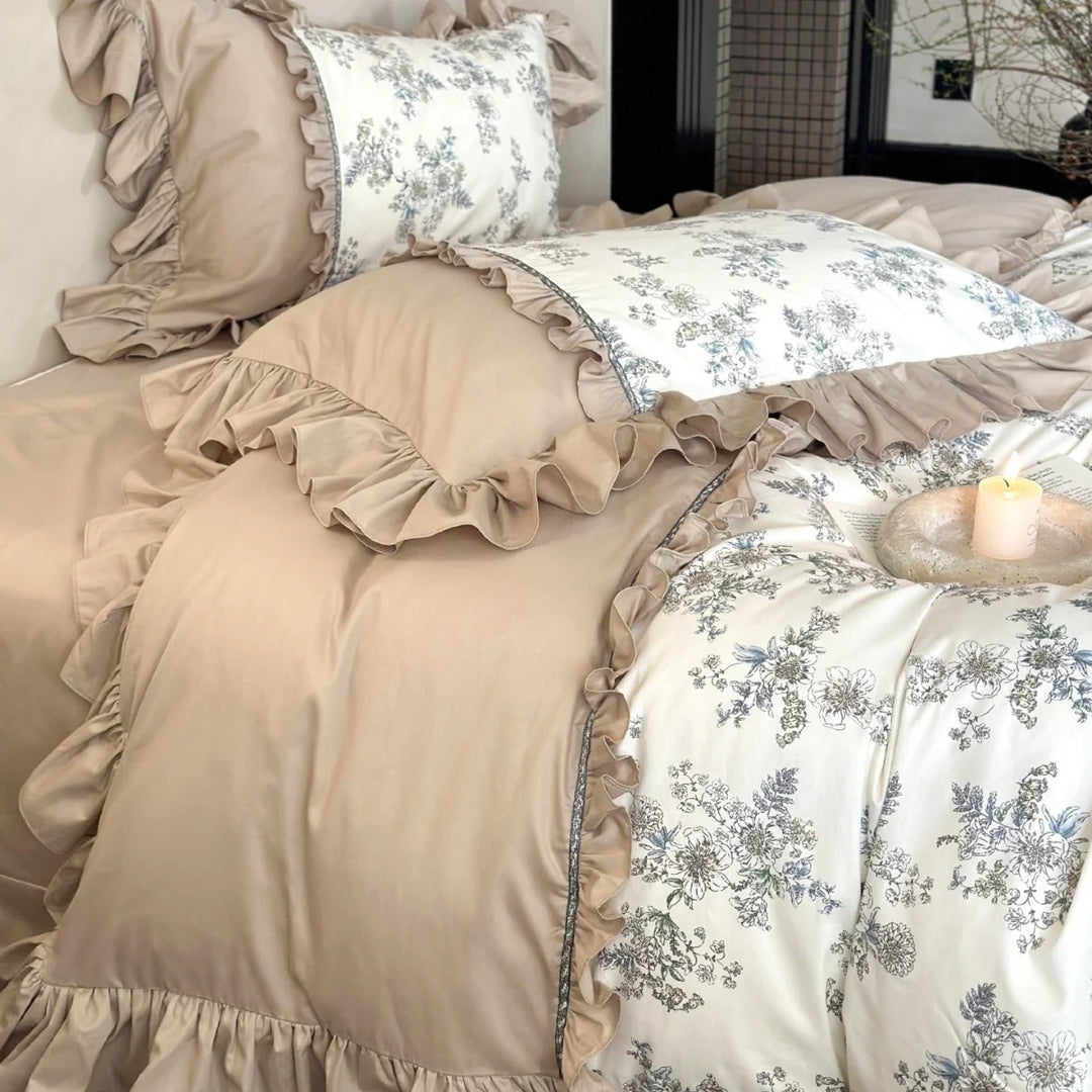 Bettwäscheset Damen Vintage Blumenmuster mit Rüschen 3