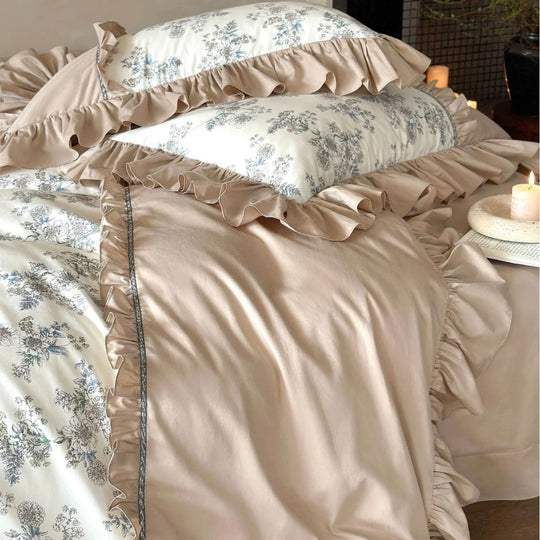 Bettwäscheset Damen Vintage Blumenmuster mit Rüschen 4