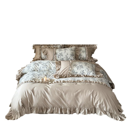 Bettwäscheset Damen Vintage Blumenmuster mit Rüschen 5