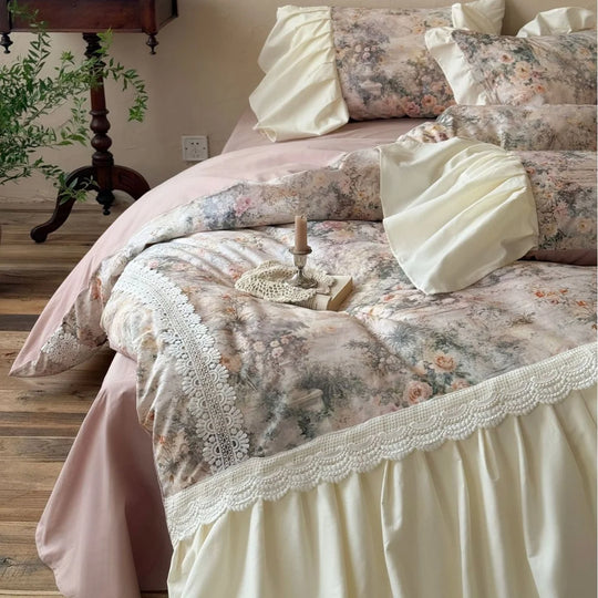 Bettwäscheset Damen Vintage Rüschen Satin-Bettrock 2