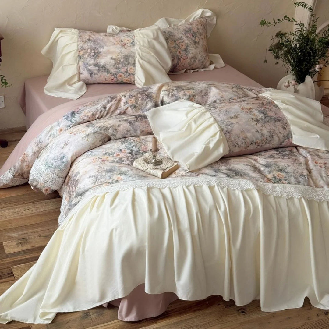Bettwäscheset Damen Vintage Rüschen Satin-Bettrock 3