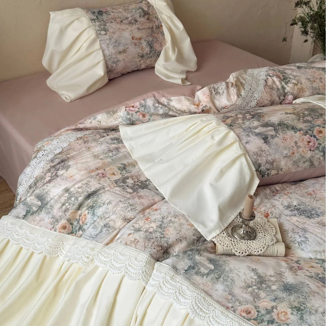 Bettwäscheset Damen Vintage Rüschen Satin-Bettrock 4
