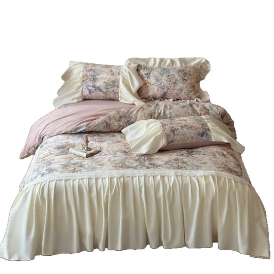 Bettwäscheset Damen Vintage Rüschen Satin-Bettrock 5