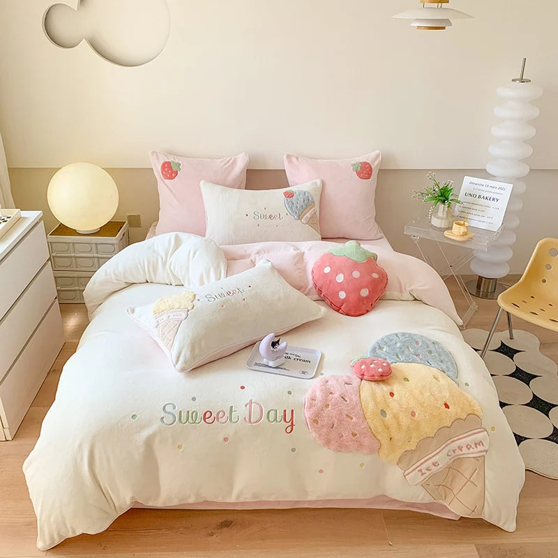 Bettwäscheset Damen mit 3D-Plüschapplikationen und Kuschelkissen 0