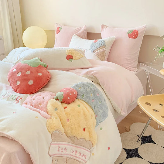 Bettwäscheset Damen mit 3D-Plüschapplikationen und Kuschelkissen 2