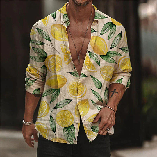 Herren Sommerhemd Kurzarm Lemon Print Atmungsaktive Baumwolle-2