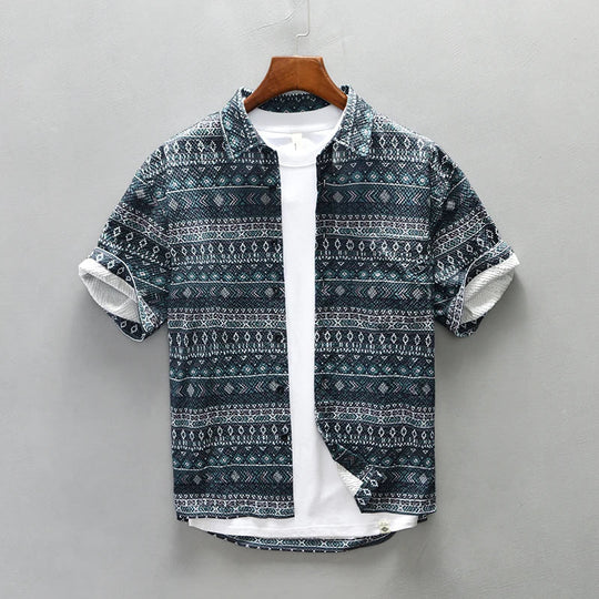 Herren Hemden Kurzarm Vintage Baumwolle Bequem Sommer Hemd 2