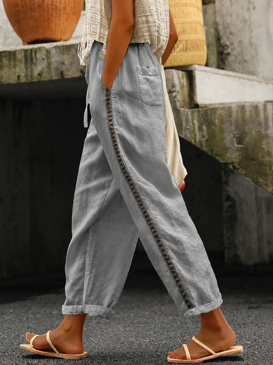 Damen Crop Hose mit elastischem Bund