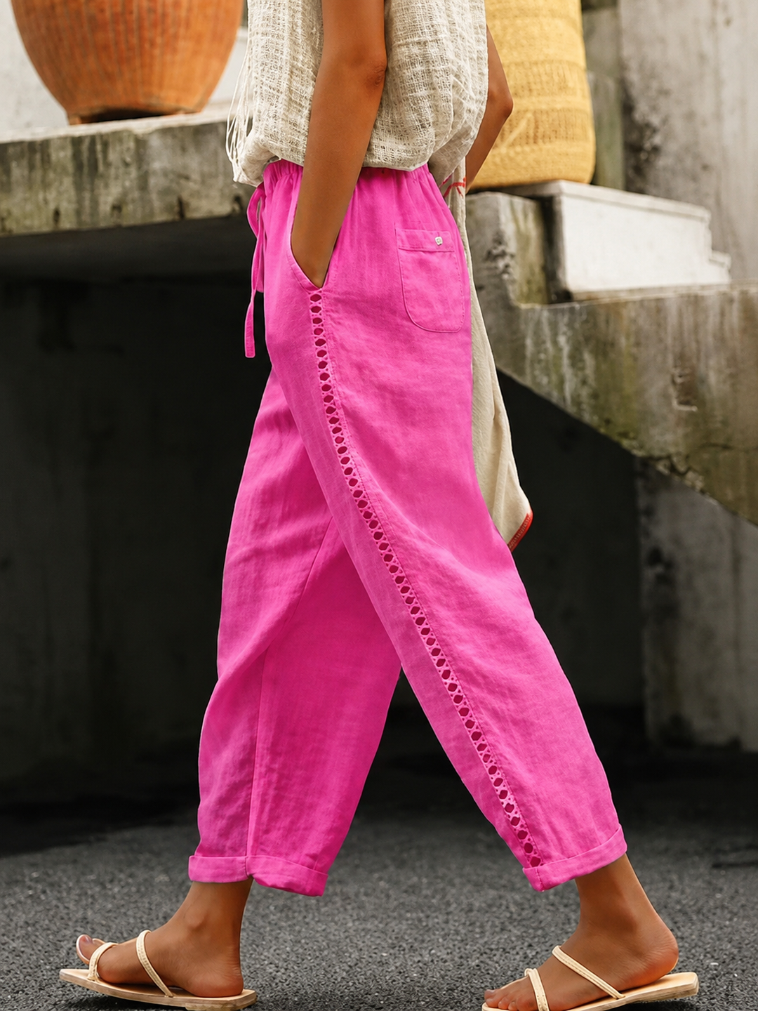Damen Crop Hose mit elastischem Bund
