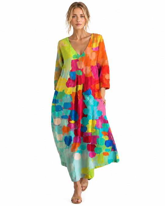 Damen Kleid Bunt Bedruckt Leinen Stil