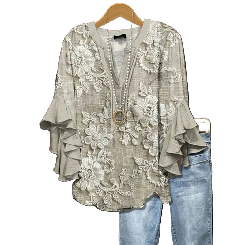 Damen-T-Shirt mit Blumenmuster und Rüschensaum 0