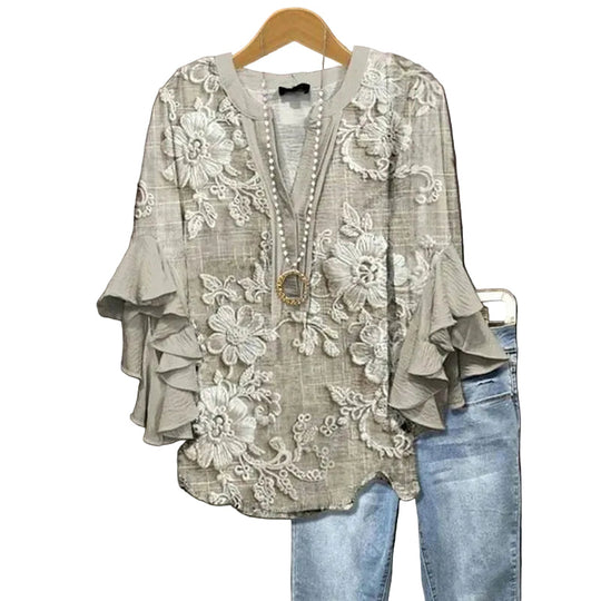 Damen-T-Shirt mit Blumenmuster und Rüschensaum 0