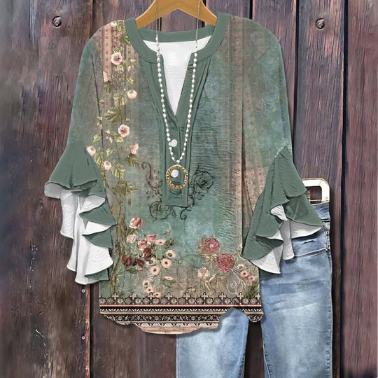 Damen-T-Shirt mit Blumenmuster und Rüschensaum 1