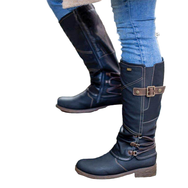 Damen Vintage Leder Zipper Stiefel