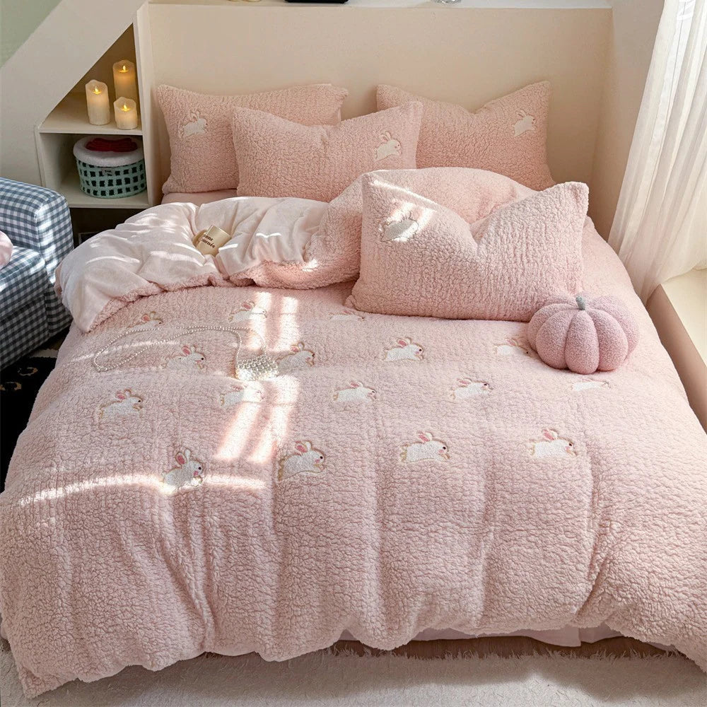 Damen Bettwäsche-Set 135x200 mit Hasenstickerei und Wendbarem Design 0