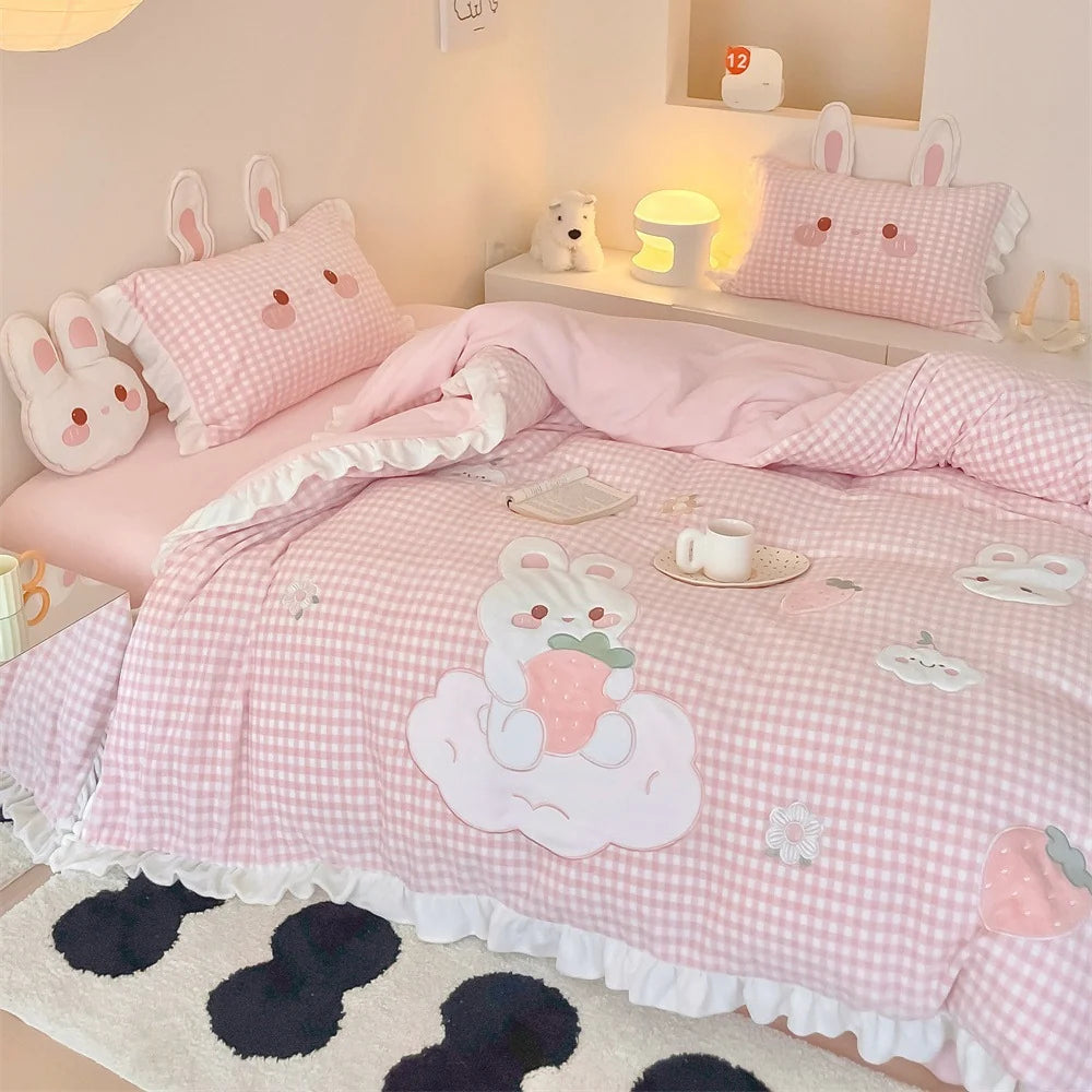 Damen Bettwäsche-Set Vichy-Karo mit Hasenapplikationen und Rüschen 1