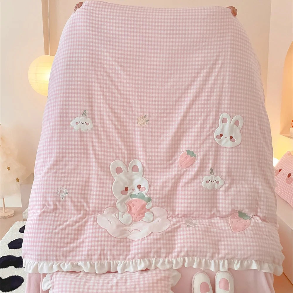 Damen Bettwäsche-Set Vichy-Karo mit Hasenapplikationen und Rüschen 3