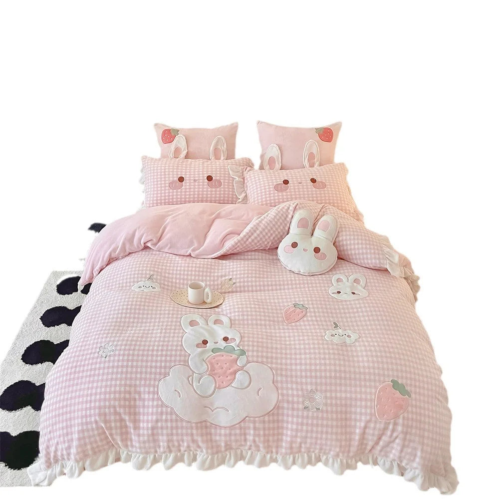 Damen Bettwäsche-Set Vichy-Karo mit Hasenapplikationen und Rüschen 4