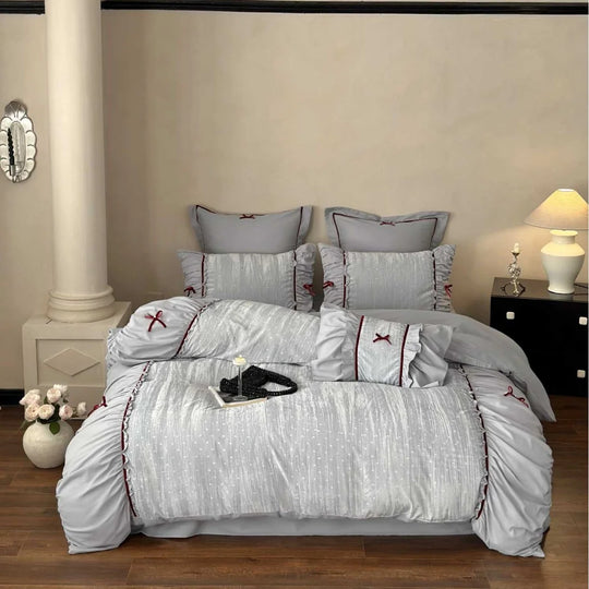 Damen Bettwäsche Set 180x200 mit Rüschen und Gestickten Schleifen 0